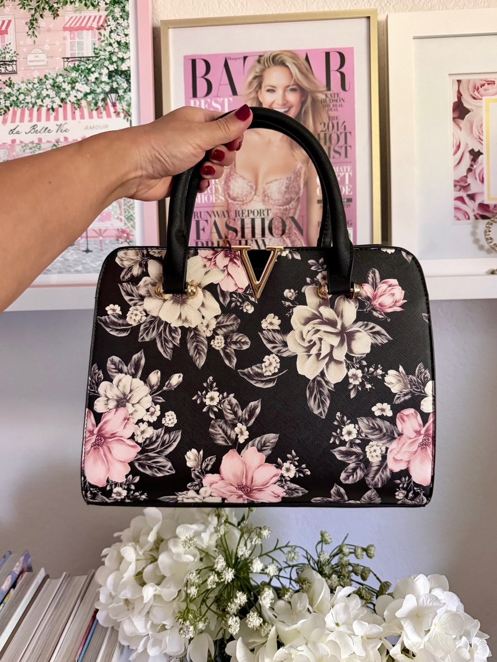 Floral Top-Handle Satchel Handbag with Removable Crossbody Straps